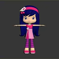 Cartoon Girl With Blue Hair Pink Headband White Flower Pink Dress Open Arms