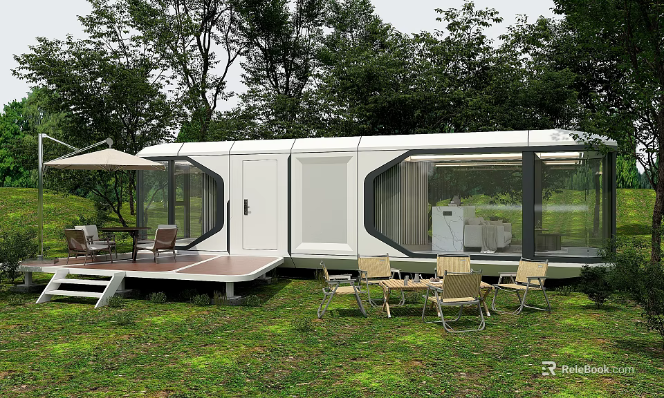 Sleek White Guesthouse Building With Large Glass Windows And Wooden Terrace Surrounded By Green Trees 3d model 