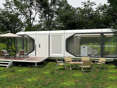 Sleek White Guesthouse Building With Large Glass Windows And Wooden Terrace Surrounded By Green Trees 3d model