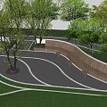 Scenic Park Landscape With Tall Leafy Trees Lush Green Grass Curved Paved Pathway And Benches