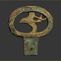 Ancient Bronze Artifact With Circular Ring Bird Motif On Square Base And Green Golden Patina