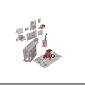 Cute Stuffed Dolls with Pink Dollhouse Red Toy Car Cloud-Shaped Bookshelves and Cartoon Wall Art