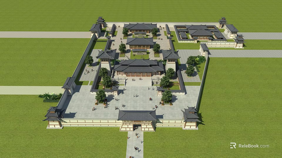 Traditional Chinese Ancient Architecture Complex With Courtyards Plaza Trees And Traditional Roofs 3d model 