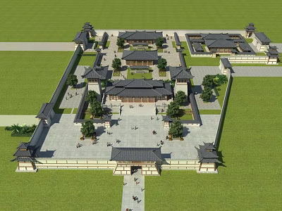 Traditional Chinese Ancient Architecture Complex With Courtyards Plaza Trees And Traditional Roofs 3d model