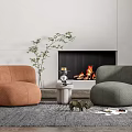 Curved Orange And Green Casual Sofa Set With Side Table Decorative Plant Fireplace On Rug