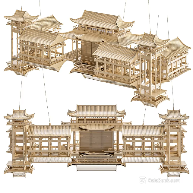 Ancient Architecture Wooden Model Featuring Traditional Roof And Pavilions Design 3d model 