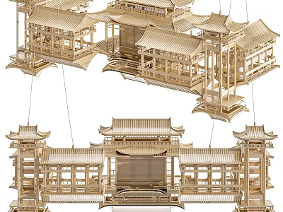 Ancient Architecture Wooden Model Featuring Traditional Roof And Pavilions Design 3d model