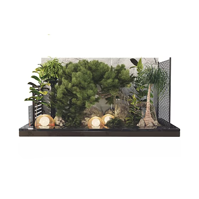 Miniature Garden Display with Lush Green Plants Decorative Round Ornaments and Black Grid Frame 3d model