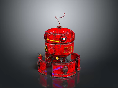 Red Metallic Robot Character With Round Body Rusty Texture Antenna And Eye Component 3d model