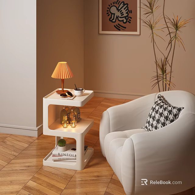 Multi tiered White Side Table with Storage Shelf Sofa Pillow Table Lamp and Wooden Floor 3d model 