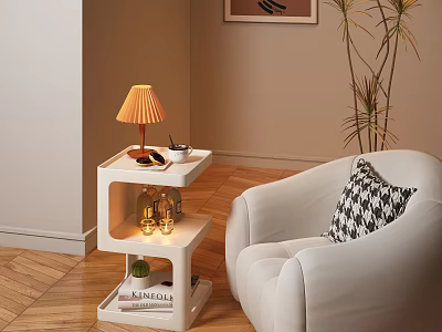 Multi tiered White Side Table with Storage Shelf Sofa Pillow Table Lamp and Wooden Floor 3d model