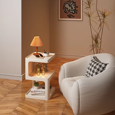 Multi tiered White Side Table with Storage Shelf Sofa Pillow Table Lamp and Wooden Floor 3d model