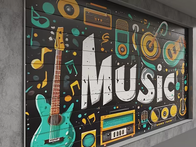 Vibrant Music Themed Background Wall With Guitar Microphone Notes And Speakers 3d model