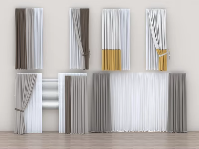 Various Colored Curtains With Brown White Gray Yellow Tones And Tied Design For Interior 3d model