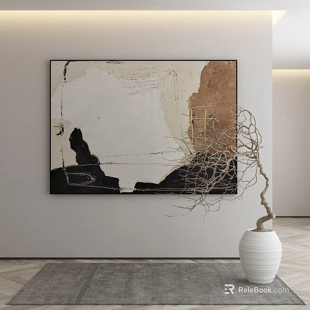 Modern Abstract Painting with White Black Brown Textured Design and White Vase Twig Decoration 3d model 