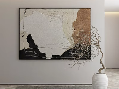 Modern Abstract Painting with White Black Brown Textured Design and White Vase Twig Decoration 3d model