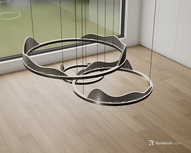 Modern Round Wave Edged Chandelier Hanging In Room With Wooden Floor And Window 3d model 
