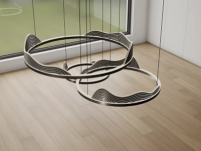 Modern Round Wave Edged Chandelier Hanging In Room With Wooden Floor And Window 3d model