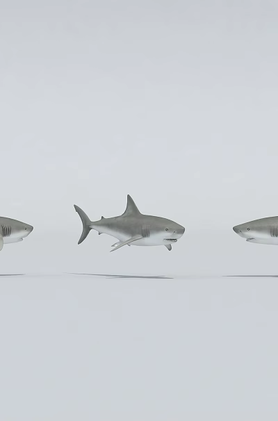 Three Sharks Swimming in Gray Background with Streamlined Bodies and Smooth Movements 3d model