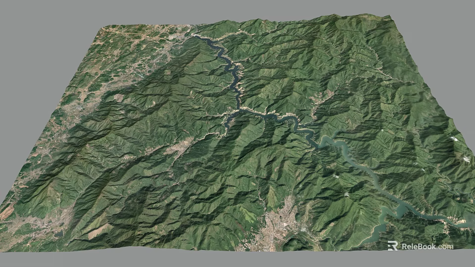 Green Mountain Terrain With Winding River And Lush Valleys In Satellite View 3d model 