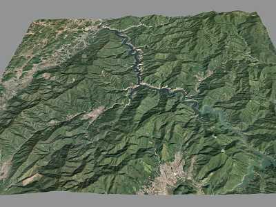 Green Mountain Terrain With Winding River And Lush Valleys In Satellite View 3d model