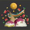 Colorful Ice Cream Cone With Pink Sprinkles Rainbow And Fresh Fruit Toppings