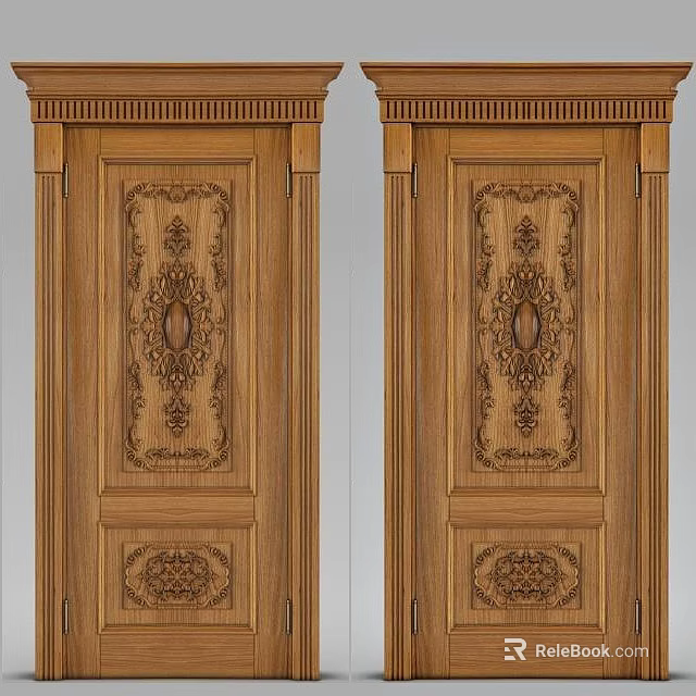 Traditional Wooden Swing Door Design With Intricate Carved Patterns And Classic Frames 3d model 