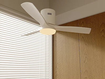 Modern Room Interior Featuring White Ceiling Fan Chandelier With Window Blinds And Wooden Wall 3d model