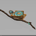 Artistic Wooden Decorative Tray With Turquoise Blue Panel Long Handle And Small Disc