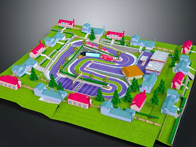 3D Residential Community Model With Colorful Houses Curved Roads Green Lawns And Trees 3d model