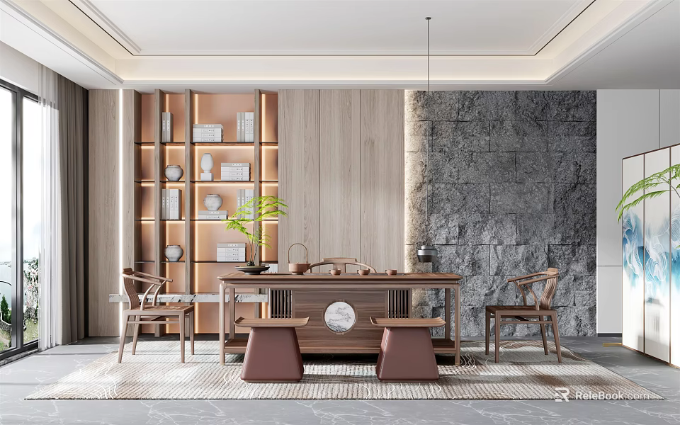 Traditional Tea Room Interior with Wooden Bookshelf Stone Wall Wooden Tea Table and Green Plant 3d model 