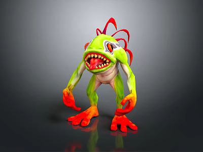 3D Green Monster Character With Red Spiky Hair Large Sharp Teeth And Orange Hands Feet 3d model