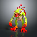 3D Green Monster Character With Red Spiky Hair Large Sharp Teeth And Orange Hands Feet