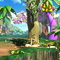 Cartoon Scene With Cliff Palm Trees River And Distant Mountains Under Blue Sky