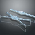 Two Silver Symmetrical Mechanical Metal Parts With Central Circular Design On Black Reflective Surface