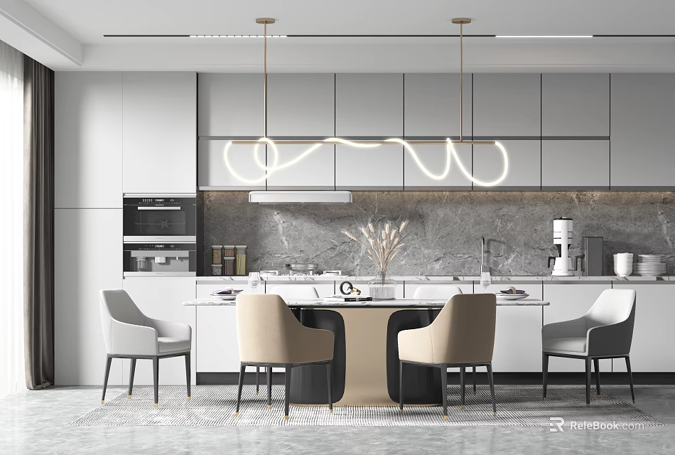 Elegant Modern Dining Table Set With Chairs Pendant Lights And Kitchen Cabinets 3d model 