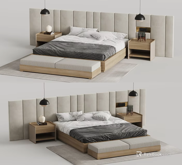 Modern Upholstered Double Bed With Nightstands Table Lamps And Bed Bench 3d model 