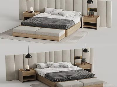 Modern Upholstered Double Bed With Nightstands Table Lamps And Bed Bench 3d model