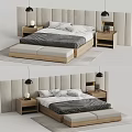 Modern Upholstered Double Bed With Nightstands Table Lamps And Bed Bench