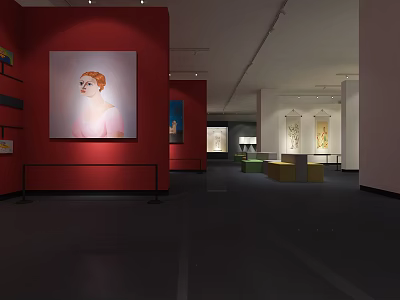 Spacious Art Gallery Interior With Red Walls And Displayed Paintings 3d model