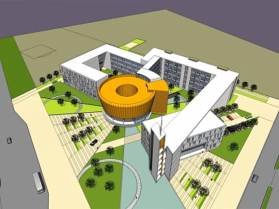 Modern Fire Station Architectural Design With Circular Orange Structure And Landscaped Paths 3d model