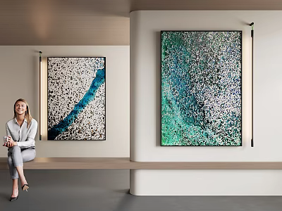 Abstract Paintings In Modern Interior Space With Seated Woman 3d model