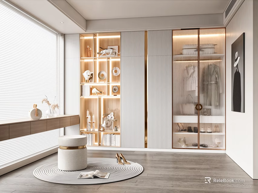 Modern Luxury Walk in Closet With Glass Doors And Display Shelves 3d model 