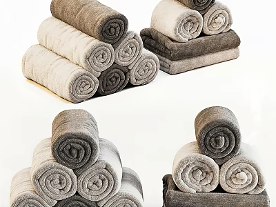 Rolled Towels in Gray and Beige Colors Neatly Stacked into Pyramid Shaped Arrangement 3d model