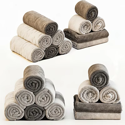 Rolled Towels in Gray and Beige Colors Neatly Stacked into Pyramid Shaped Arrangement 3d model