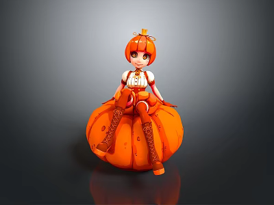 Woman With Orange Hair Sitting On Large Orange Pumpkin In White And Orange Outfit 3d model