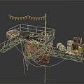 Industrial Metal Platform Structure With Railing String Flags Crates Barrels And Walkway