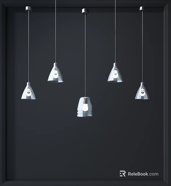 Modern Five Silver Conical Metallic Pendant Lights Hanging Against Black Background 3d model