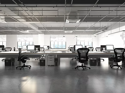 Modern Open Public Office Space With Desks Computers Office Chairs And Windows 3d model