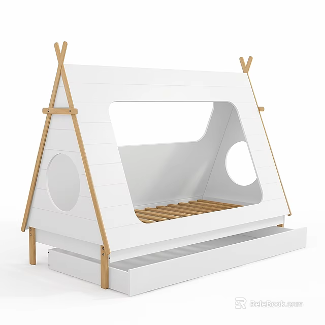 Tent Shaped White Kids Bed With Wooden Trim Round Windows And Underbed Storage Drawer 3d model 